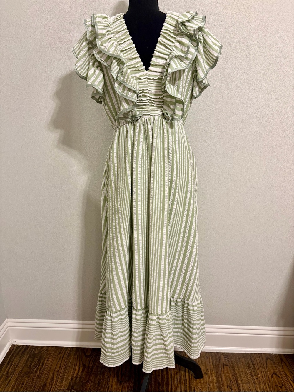 Umgee Green White Striped Ruffle Maxi Dress L NWOT